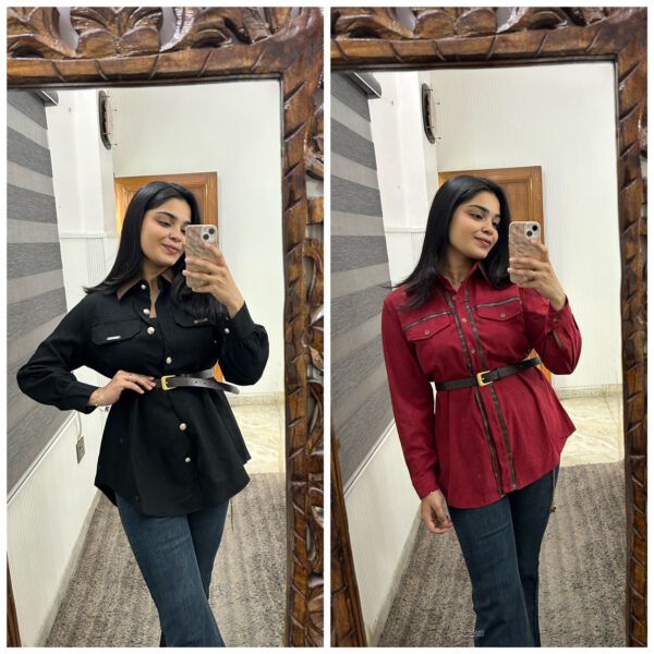 Corduroy leather embossed shirt with belt - Image 2