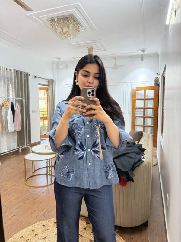 Cotton denim embroidered shirt - Image 3