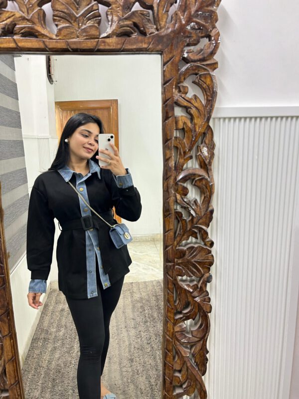 Denim button down belted top