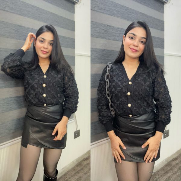 Leather ruched fitted skirt