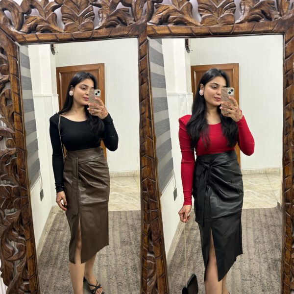 Leather ruched tie-on skirt