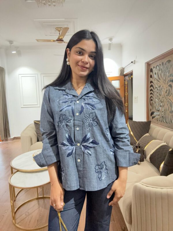 Cotton denim embroidered shirt - Image 2