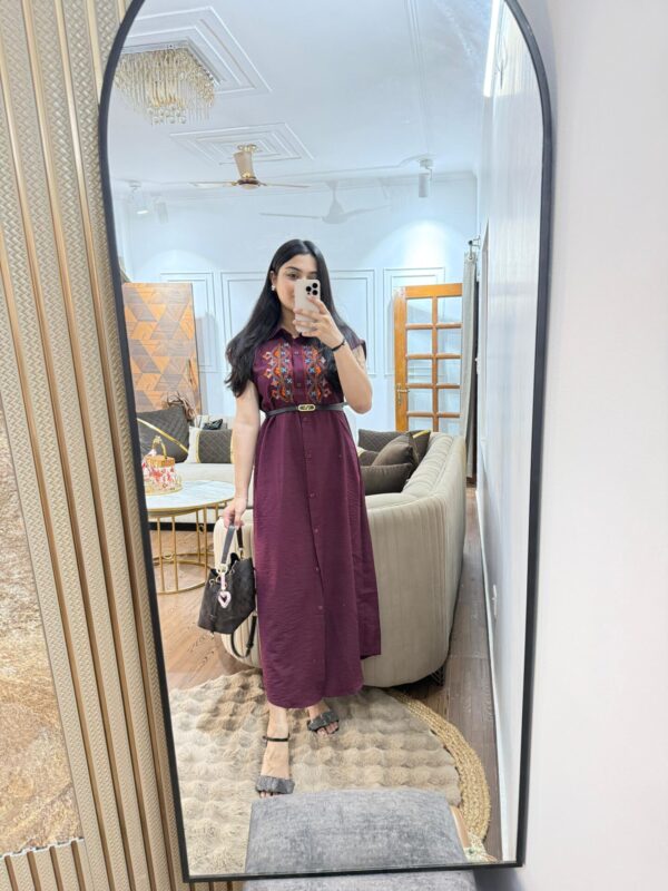 Embroidered dress with belt - Image 12