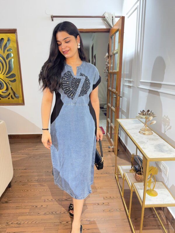 Crochet embellished denim dress - Image 2