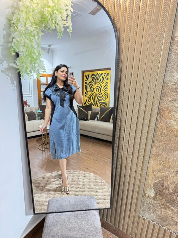 Embroidered ribbon collar denim dress