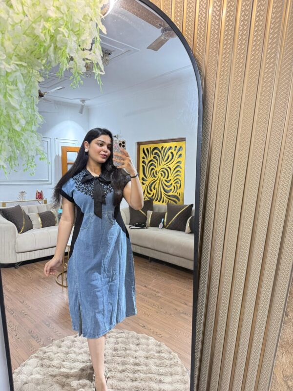 Embroidered ribbon collar denim dress - Image 2