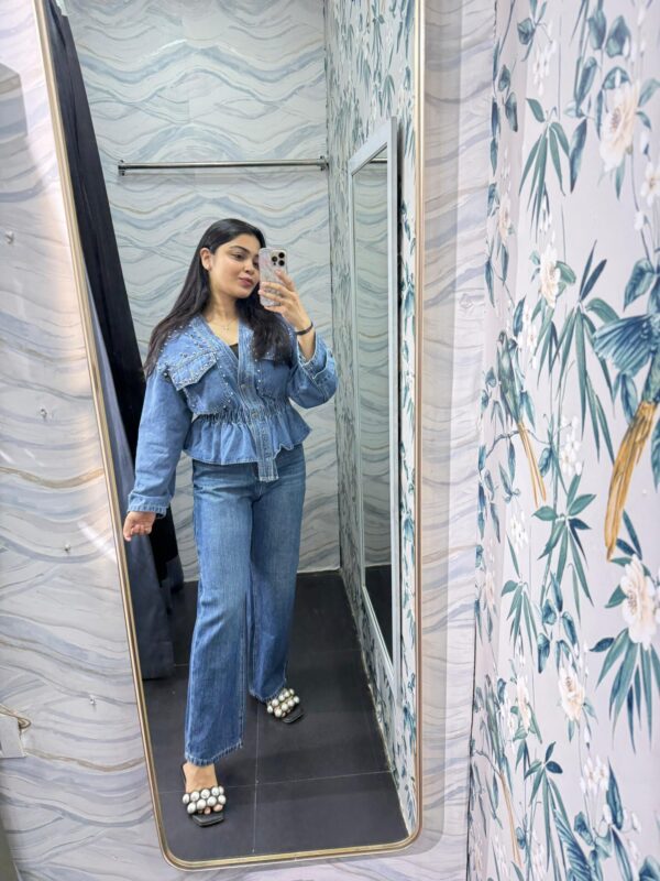 Denim embellished studded jacket
