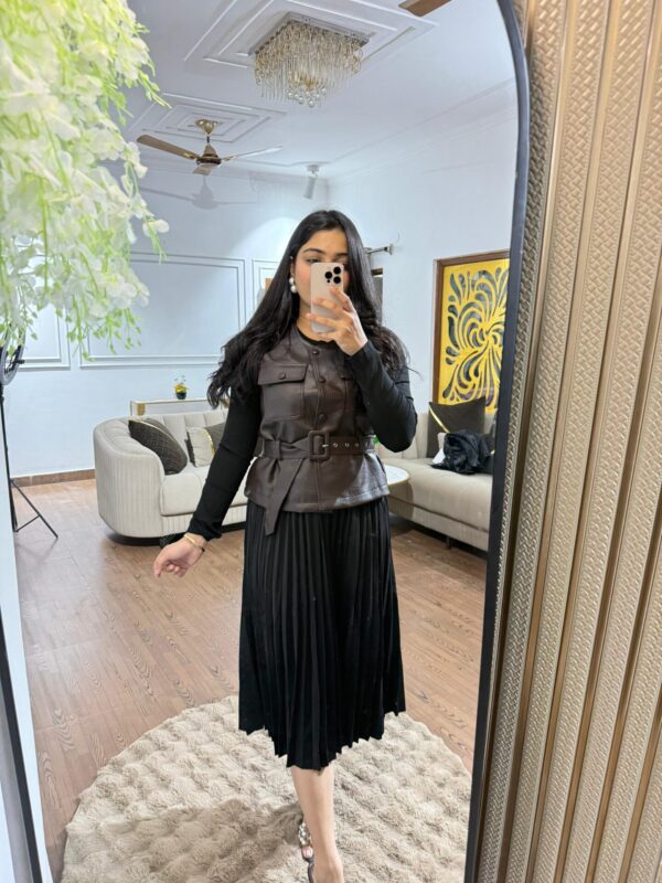 Dress with leather jacket