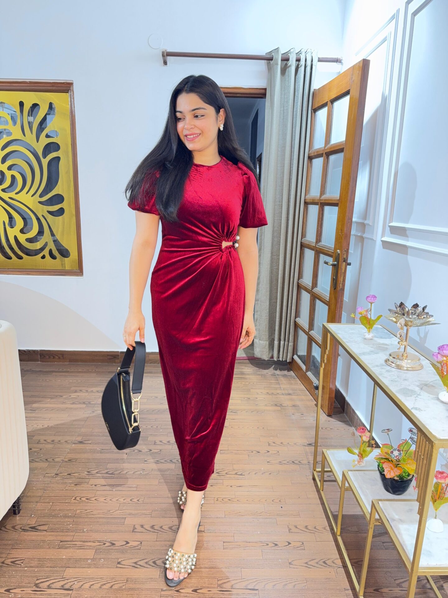 Velvet side cut ruched dress