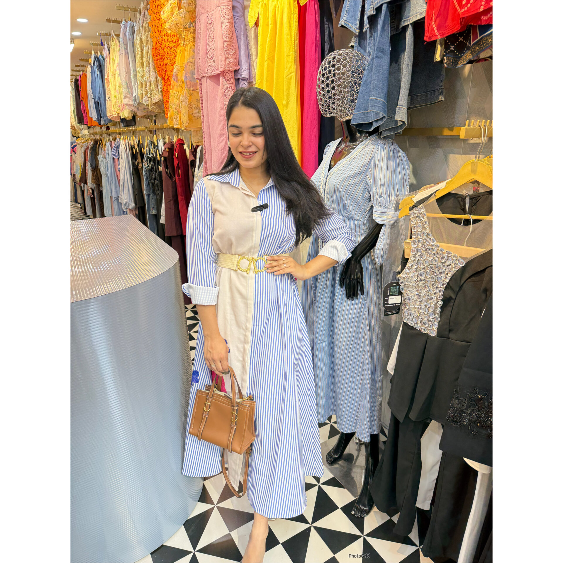 Half and half striped dress with belt