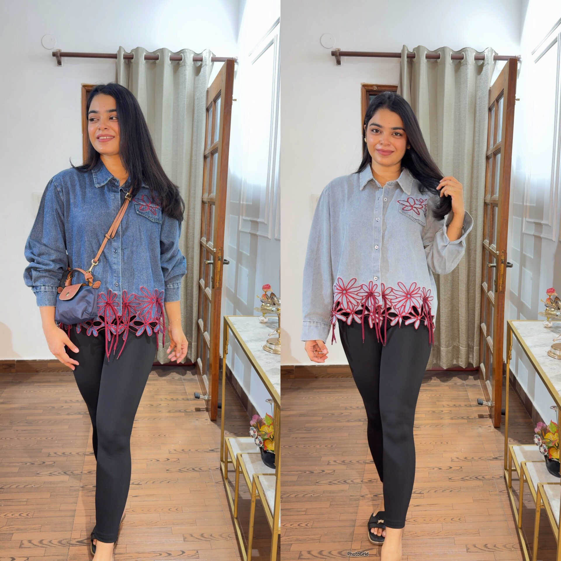 Red flower denim shirt - Image 2