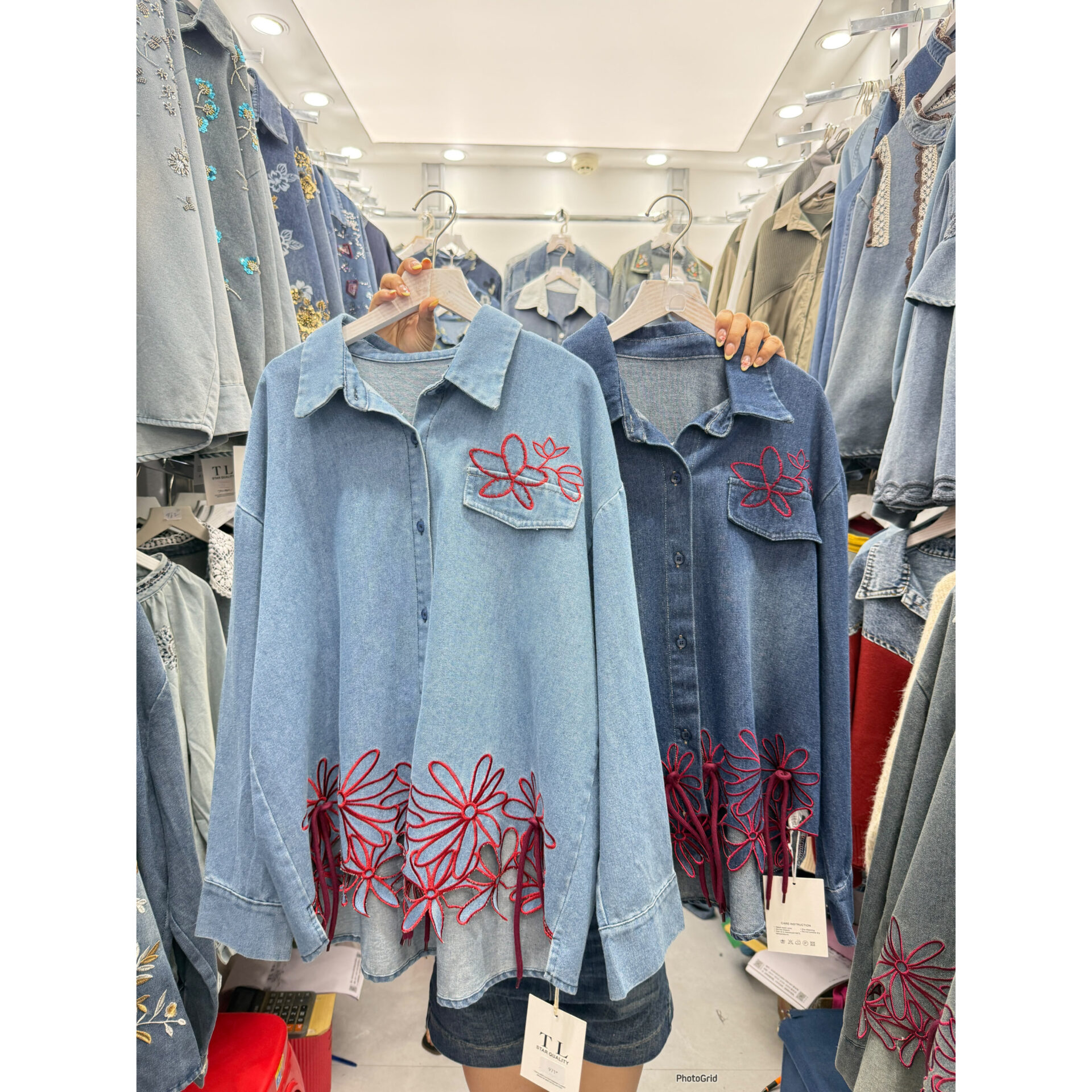 Red flower denim shirt - Image 3